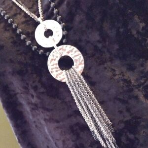 Silver Hammered Circle Links 34 To 42 In Long Tassel Necklace